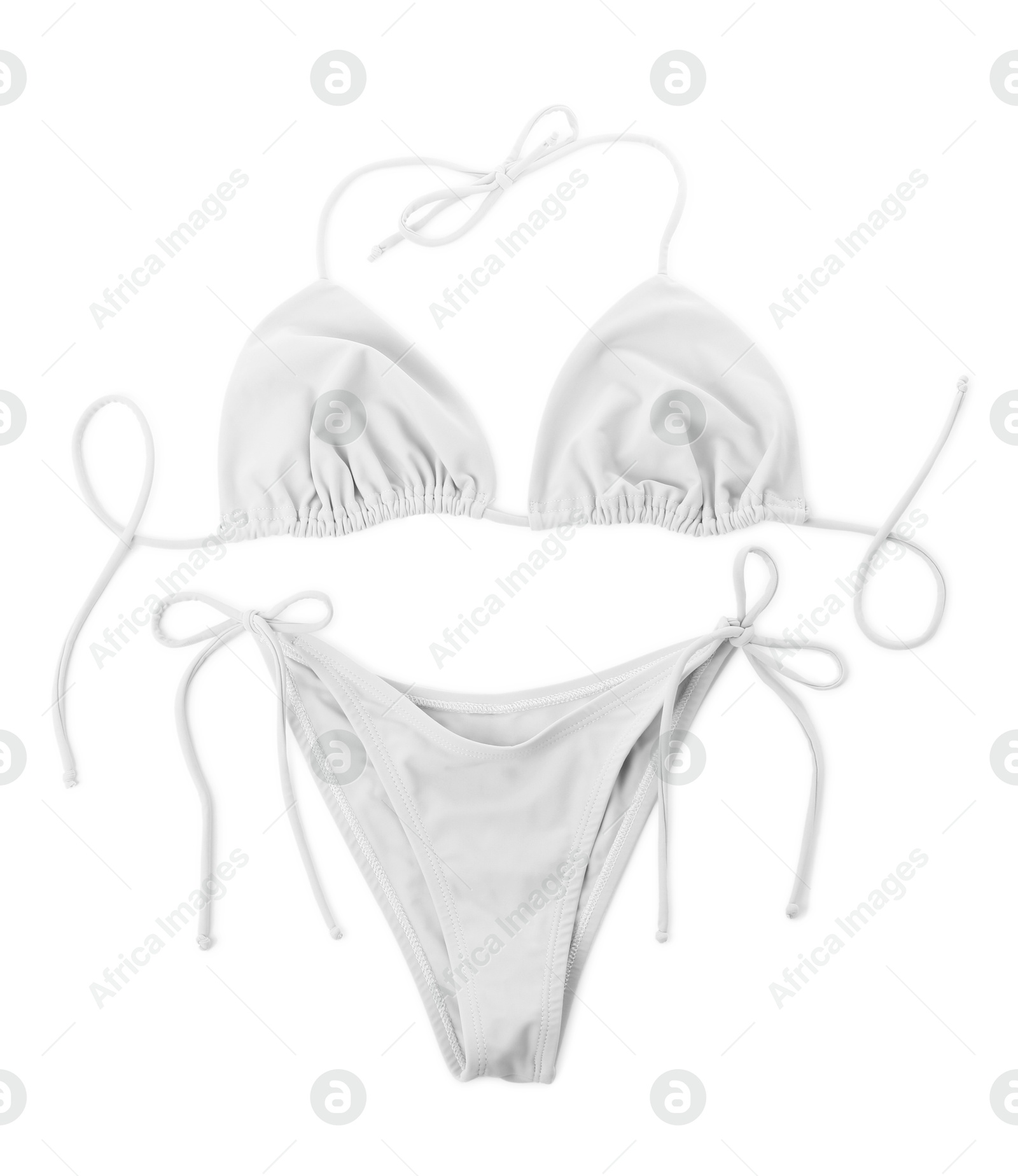 Stylish white swimsuit on white background, top view Image of Stylish white swimsuit on white background, top view