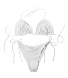 Image of Stylish white swimsuit on white background, top view