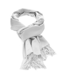 Image of White cashmere scarf on white background. Stylish accessory