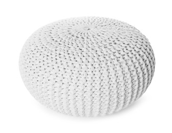 Image of Stylish white knitted pouf on white background