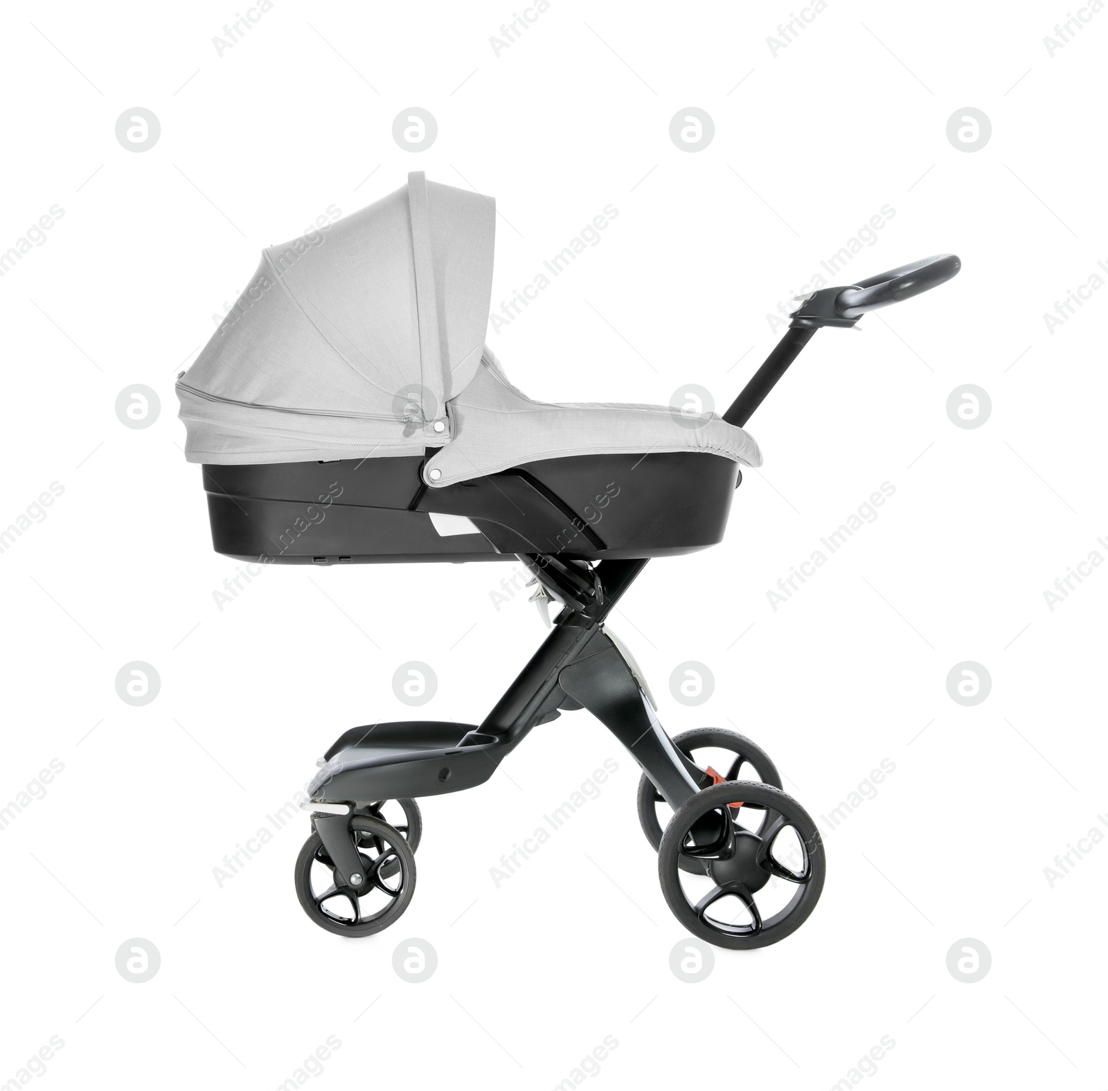 Baby carriage. Modern white pram on white background Image of Baby carriage. Modern white pram on white background