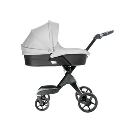 Image of Baby carriage. Modern white pram on white background
