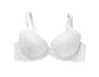 Image of Elegant white women's underwear on white background, top view
