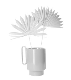 Image of Stylish white ceramic vase with dry leaves on white background