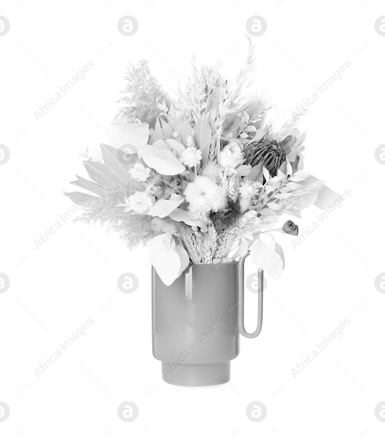 Stylish white ceramic vase with dry flowers and leaves on white background Image of Stylish white ceramic vase with dry flowers and leaves on white background