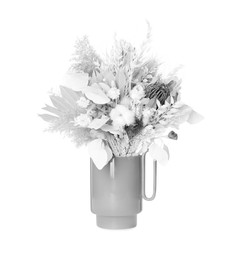 Image of Stylish white ceramic vase with dry flowers and leaves on white background