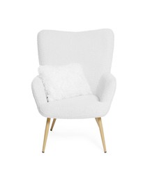 Image of Stylish comfortable white armchair with cushion on white background