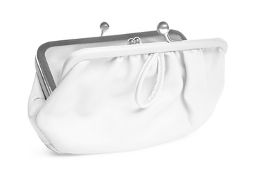 Image of Stylish white leather purse on white background