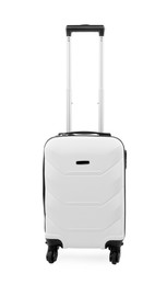 Image of One white suitcase with handle on white background