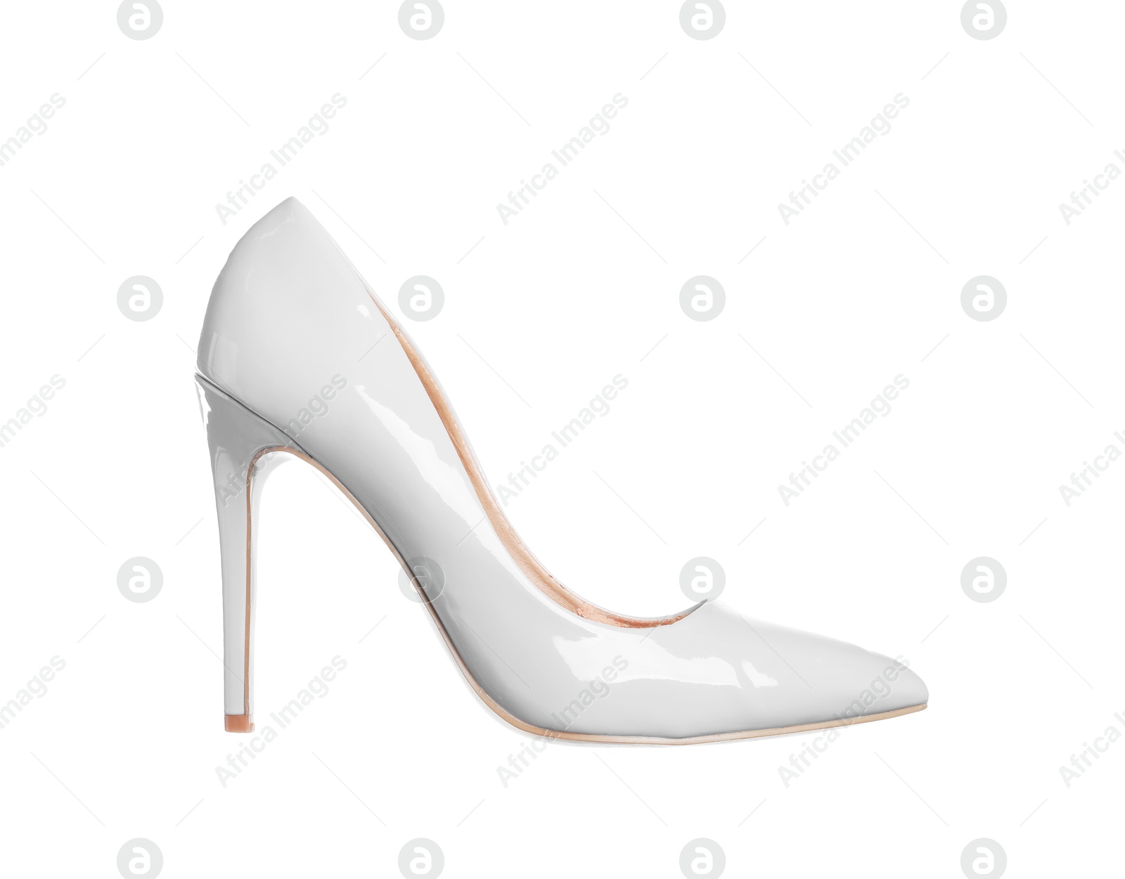 One white high heeled shoe on white background Image of One white high heeled shoe on white background