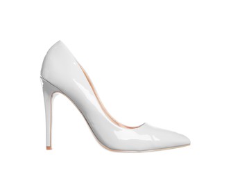 Image of One white high heeled shoe on white background