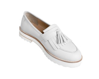 Image of One white shoe in air on white background