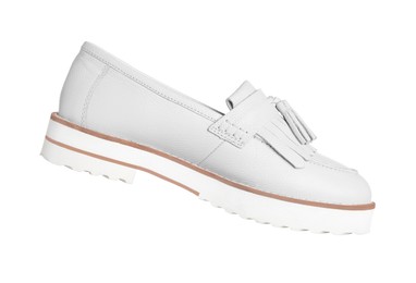 Image of One white shoe in air on white background