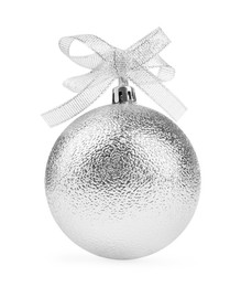 Image of Beautiful white Christmas ball with bow on white background