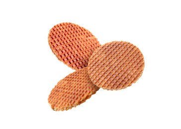 Image of Yummy Dutch waffles (stroopwafels) flying on white background