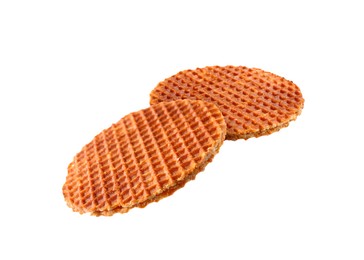 Image of Yummy Dutch waffles (stroopwafels) flying on white background