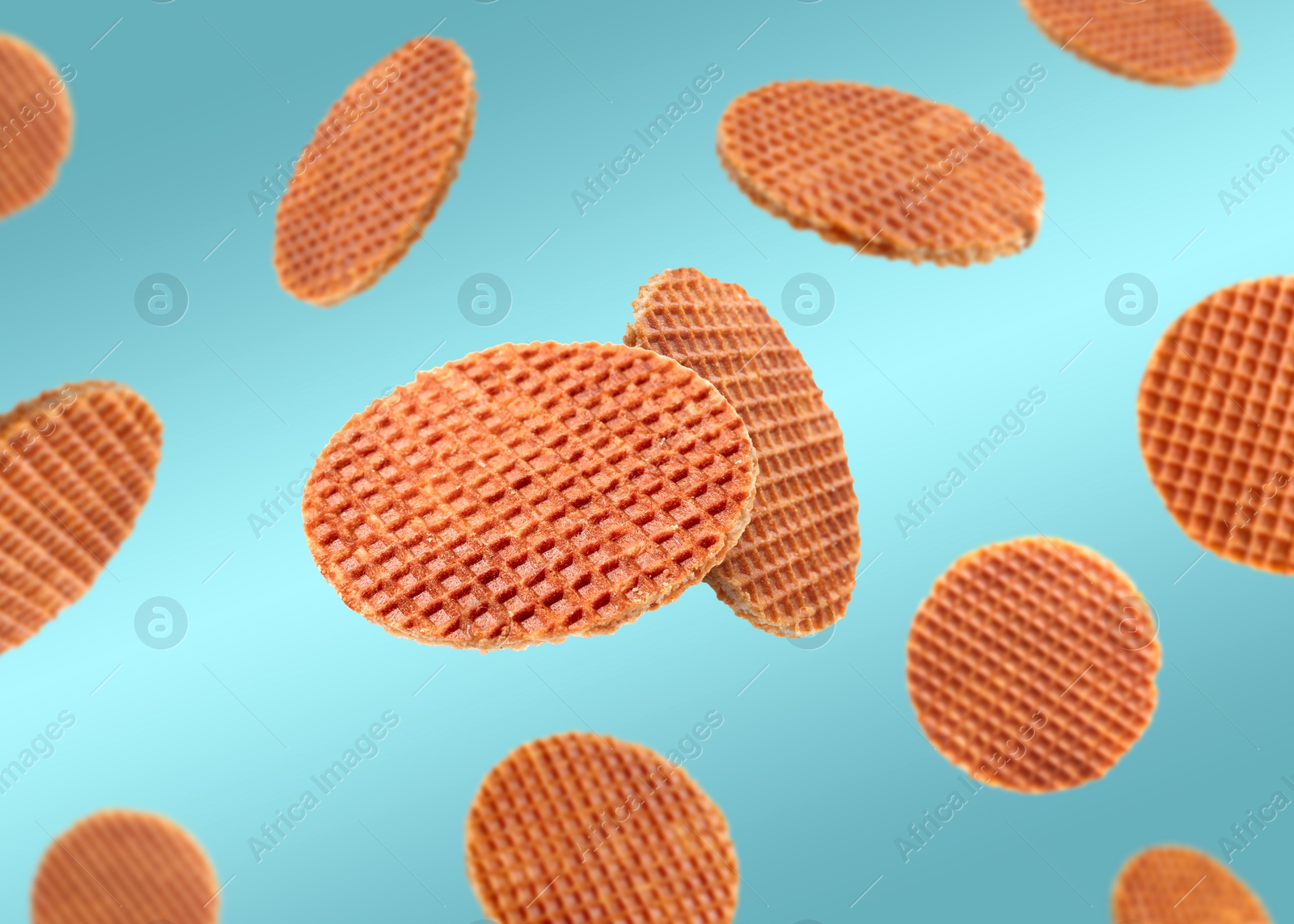 Yummy Dutch waffles (stroopwafels) flying on light blue gradient background Image of Yummy Dutch waffles (stroopwafels) flying on light blue gradient background