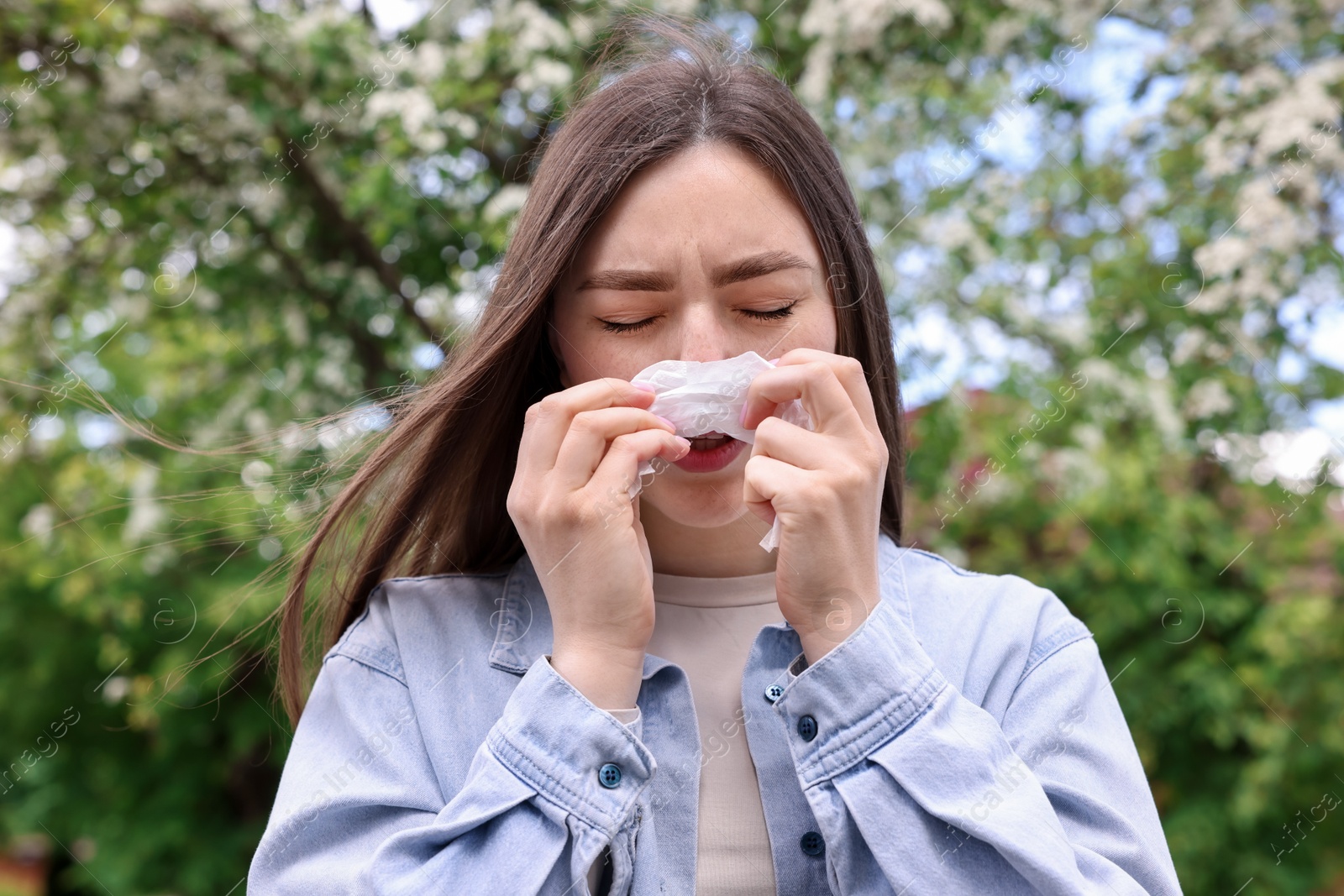 Woman with paper tissue suffering from seasonal pollen allergy near blossoming tree on spring day Photo of Woman with paper tissue suffering from seasonal pollen allergy near blossoming tree on spring day