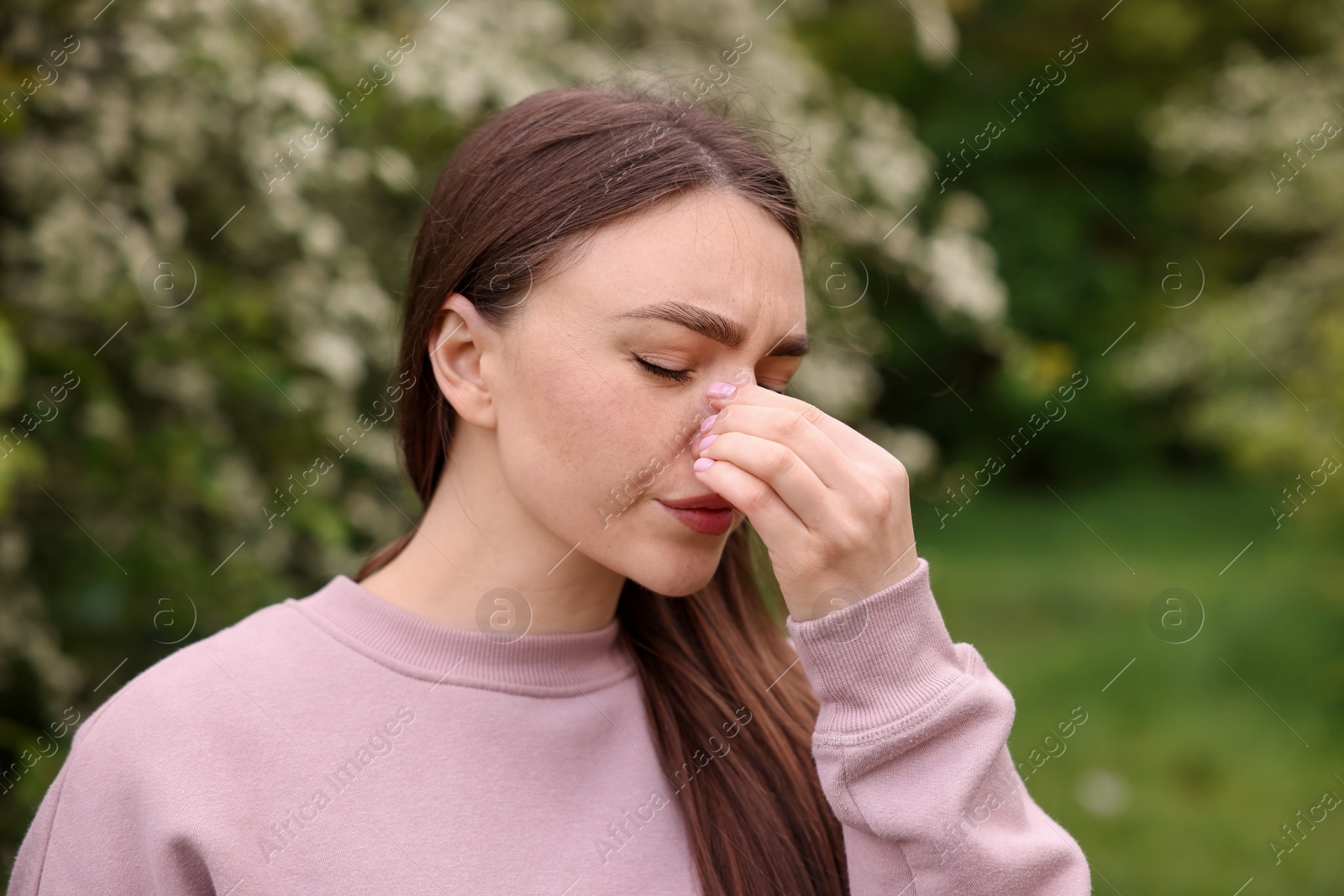 Woman suffering from seasonal pollen allergy near blossoming shrub on spring day Photo of Woman suffering from seasonal pollen allergy near blossoming shrub on spring day