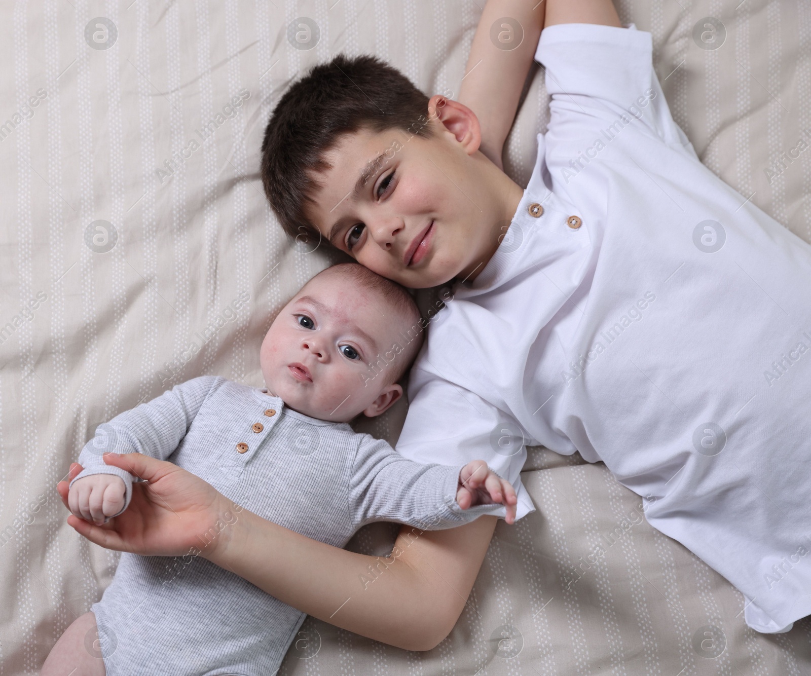 Cute little brothers on bed, top view Photo of Cute little brothers on bed, top view