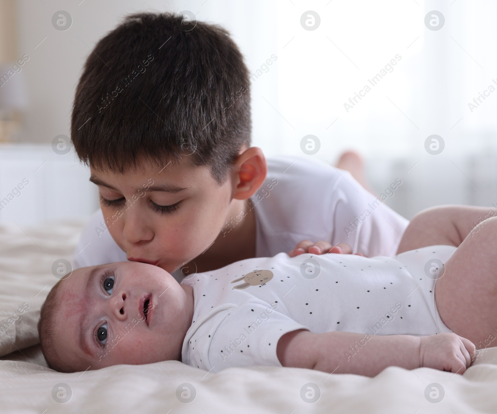 Cute little brothers on bed at home Photo of Cute little brothers on bed at home