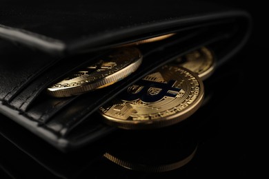 Photo of Cryptocurrency. Bitcoins in wallet on black mirror surface, closeup