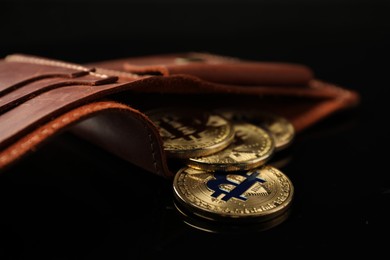 Photo of Cryptocurrency. Bitcoins in wallet on black mirror surface, closeup