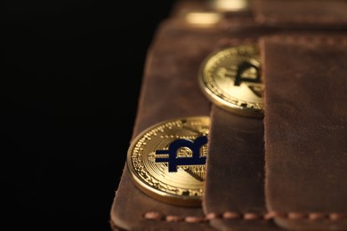 Photo of Cryptocurrency. Bitcoins in wallet on black mirror surface, closeup. Space for text