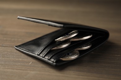 Photo of Cryptocurrency. Bitcoins in wallet on wooden background, closeup
