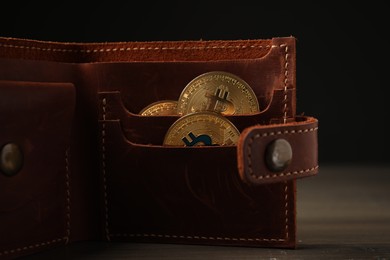 Photo of Cryptocurrency. Bitcoins in wallet on wooden background, closeup