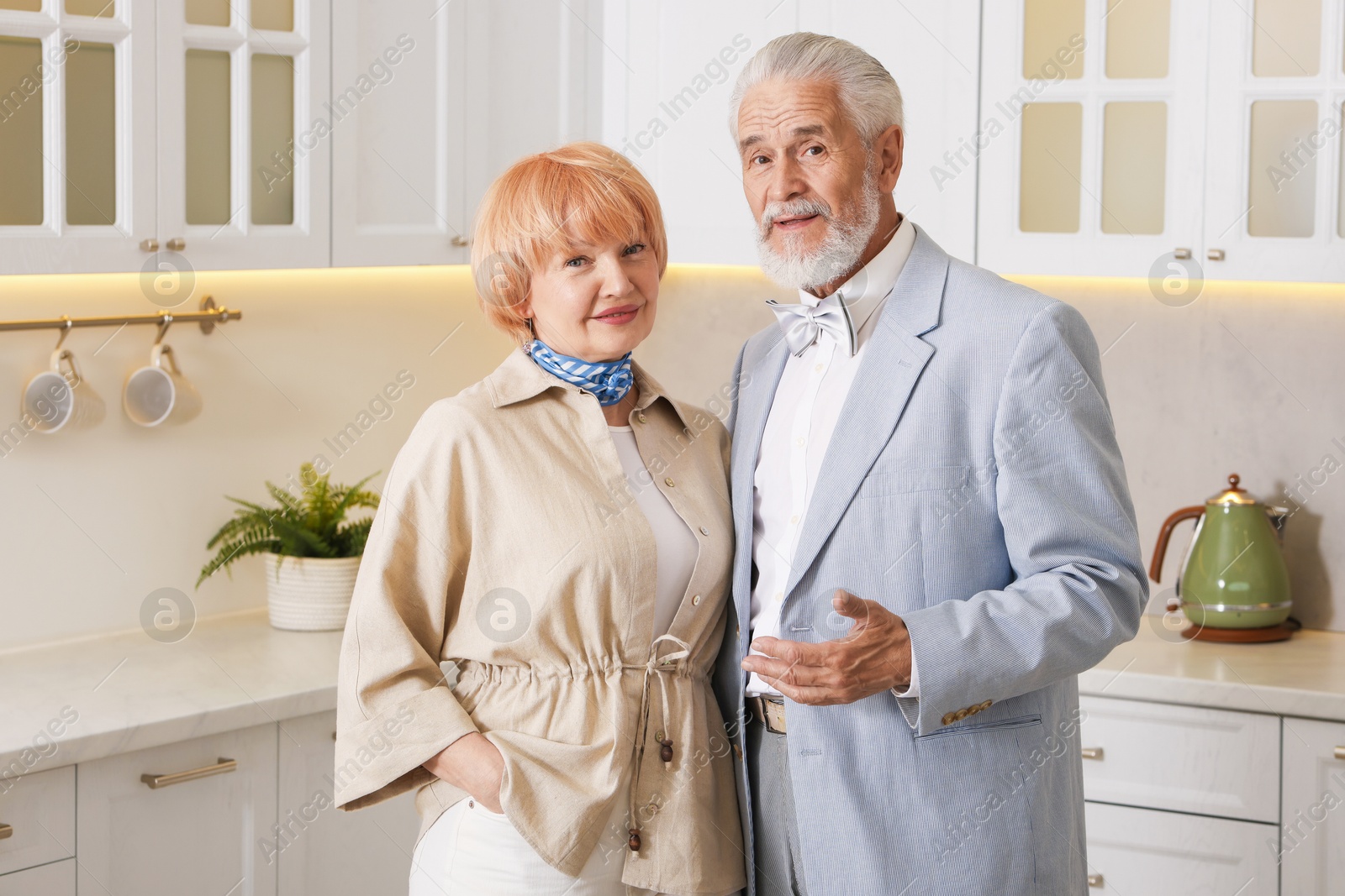 Lovely senior couple together in kitchen at home Photo of Lovely senior couple together in kitchen at home