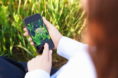 Photo of Woman using plant recognition application on smartphone outdoors, closeup