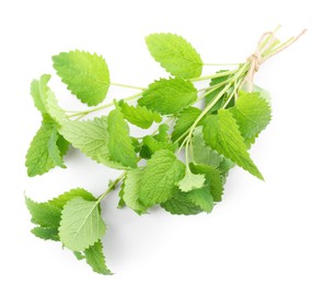 Photo of Fresh green lemon balm leaves isolated on white, top view