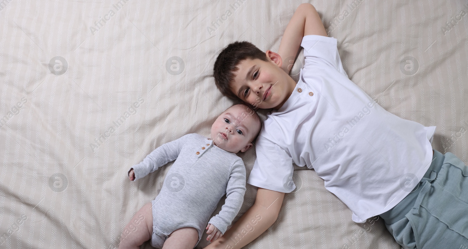Cute little brothers on bed, top view. Space for text Photo of Cute little brothers on bed, top view. Space for text