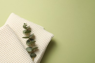 Photo of Clean waffle towels and eucalyptus branch on olive background, top view. Space for text
