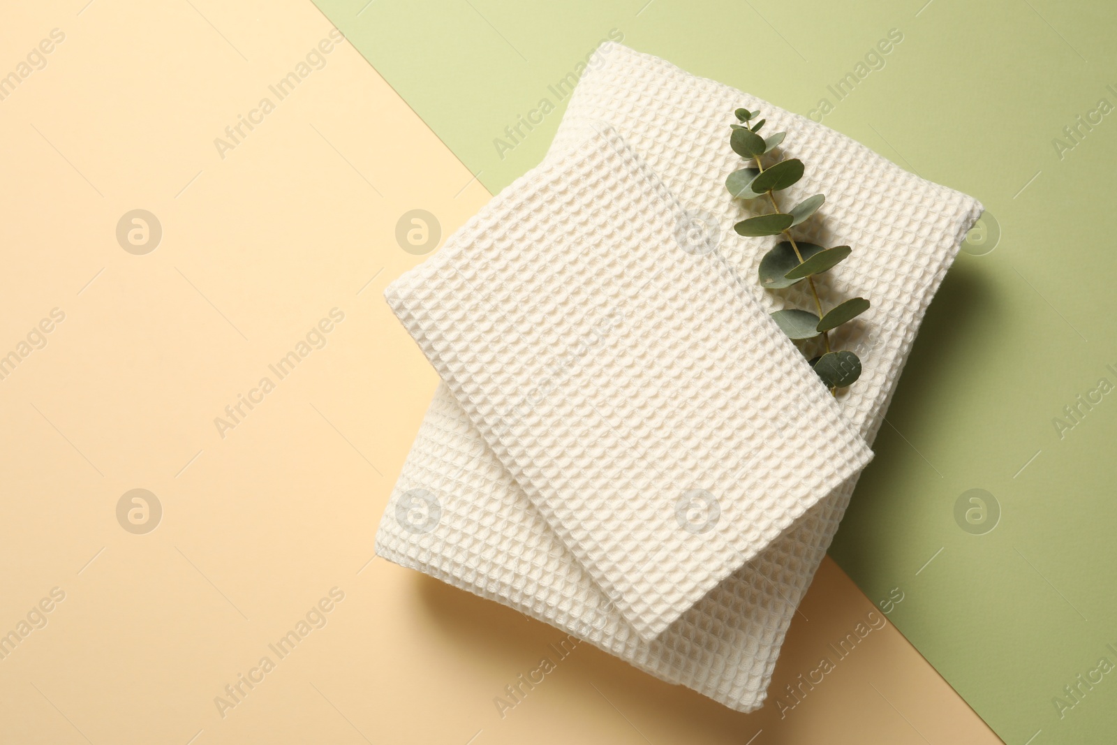 Clean waffle towels and eucalyptus branch on color background, top view. Space for text Photo of Clean waffle towels and eucalyptus branch on color background, top view. Space for text