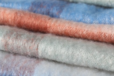 Photo of Texture of colorful wool fabric as background, closeup