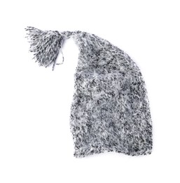 Photo of One grey wool hat isolated on white, top view
