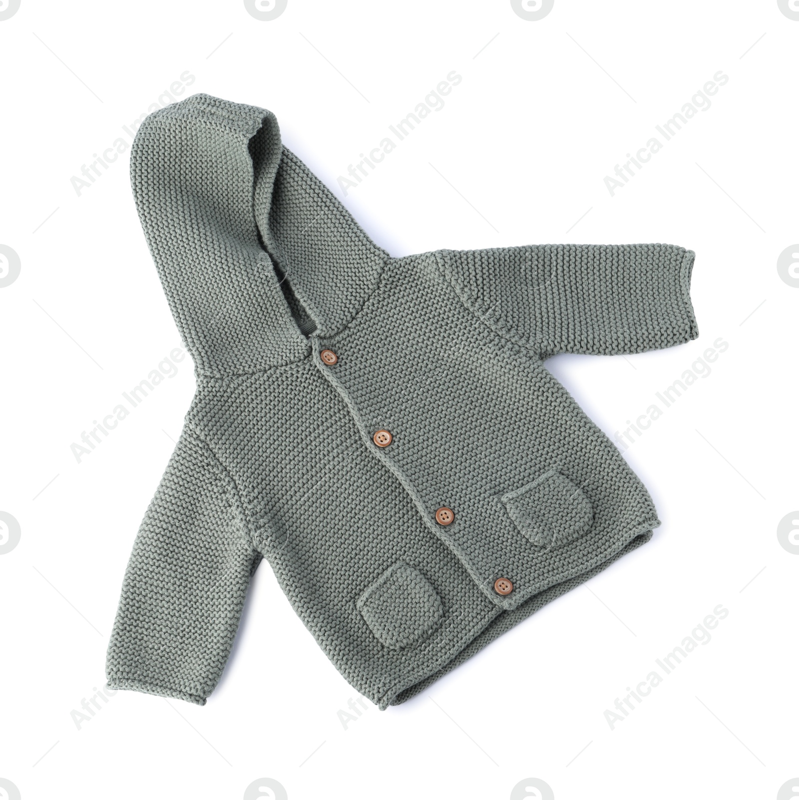 Grey wool baby sweater isolated on white, top view Photo of Grey wool baby sweater isolated on white, top view