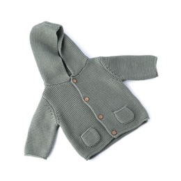 Photo of Grey wool baby sweater isolated on white, top view