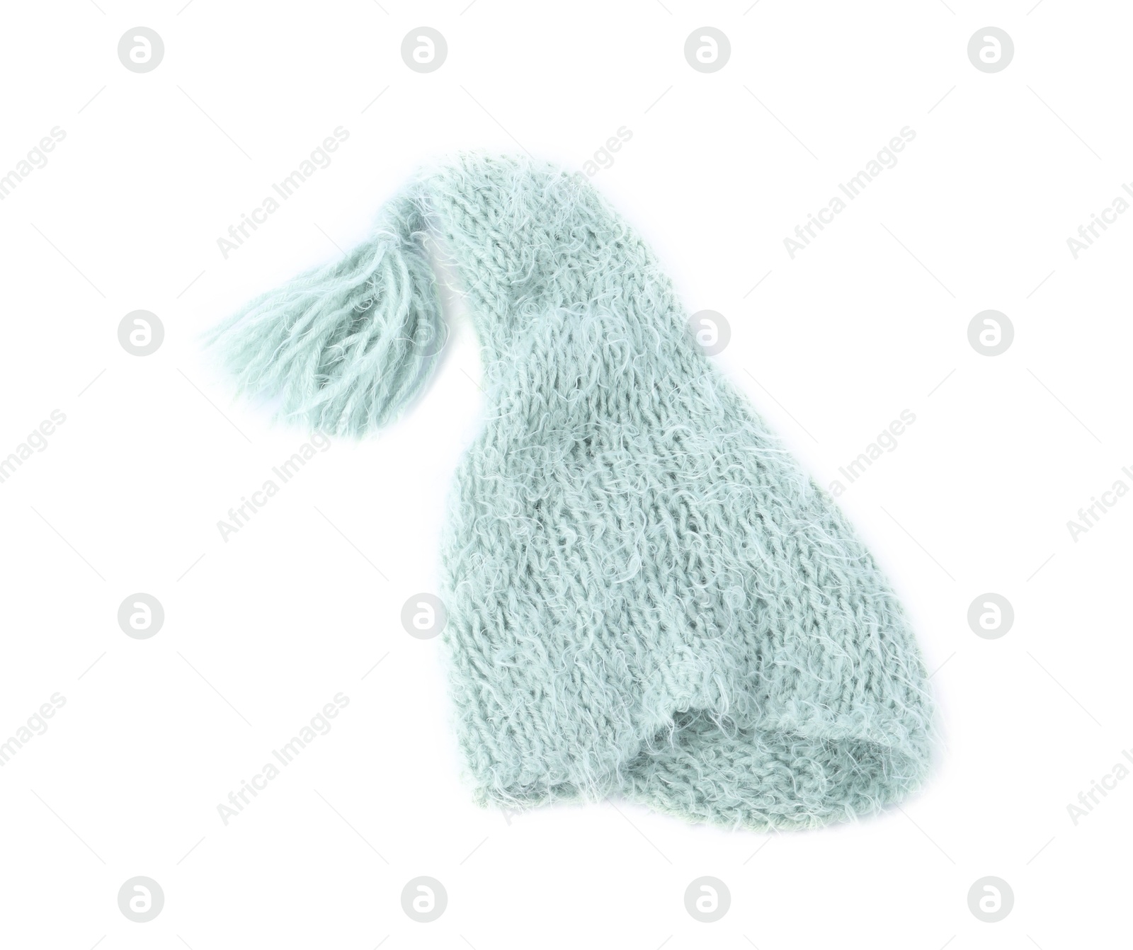 One turquoise wool hat isolated on white, top view Photo of One turquoise wool hat isolated on white, top view