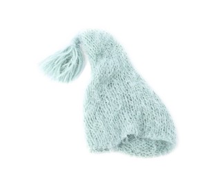 Photo of One turquoise wool hat isolated on white, top view