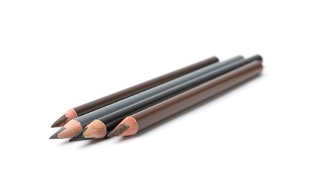 Photo of Many different eyebrow pencils isolated on white