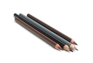 Photo of Many different eyebrow pencils isolated on white