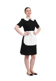Photo of Full-length portrait of happy chambermaid on white background