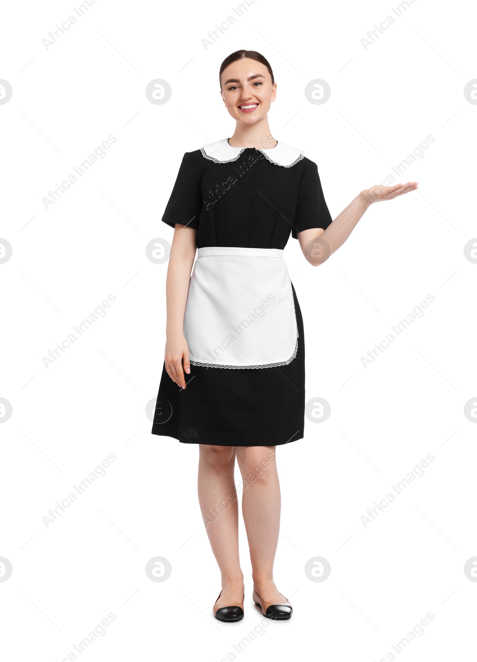 Full-length portrait of happy chambermaid on white background Photo of Full-length portrait of happy chambermaid on white background