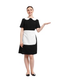 Photo of Full-length portrait of happy chambermaid on white background