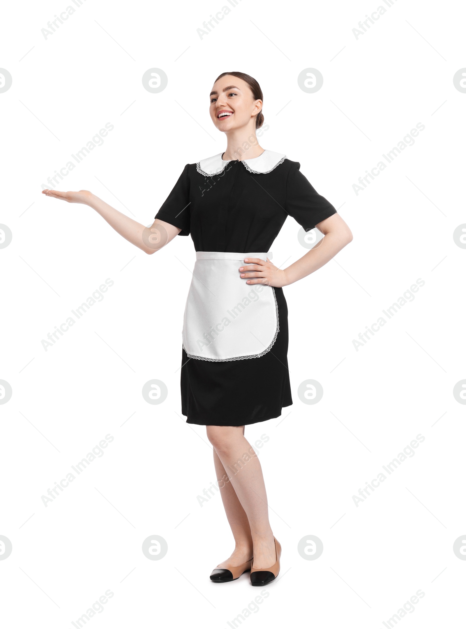 Full-length portrait of happy chambermaid on white background Photo of Full-length portrait of happy chambermaid on white background