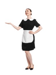 Photo of Full-length portrait of happy chambermaid on white background
