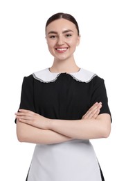 Photo of Portrait of happy chambermaid on white background